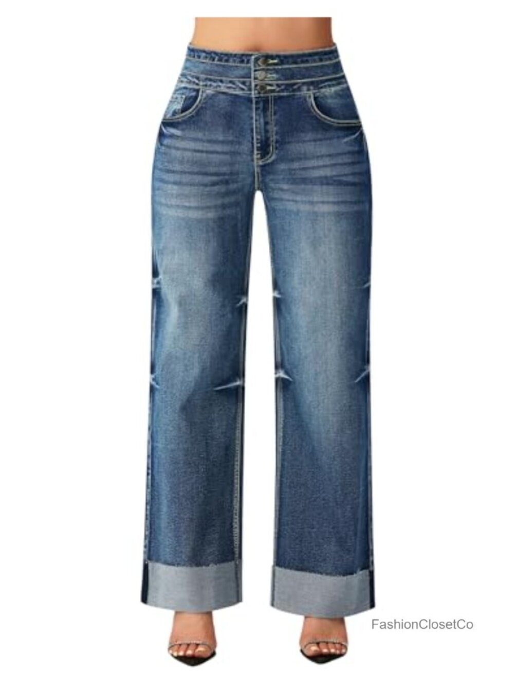 High Waisted Wide Leg Jeans Stretchy Denim Cuffed Hem 5-Pocket